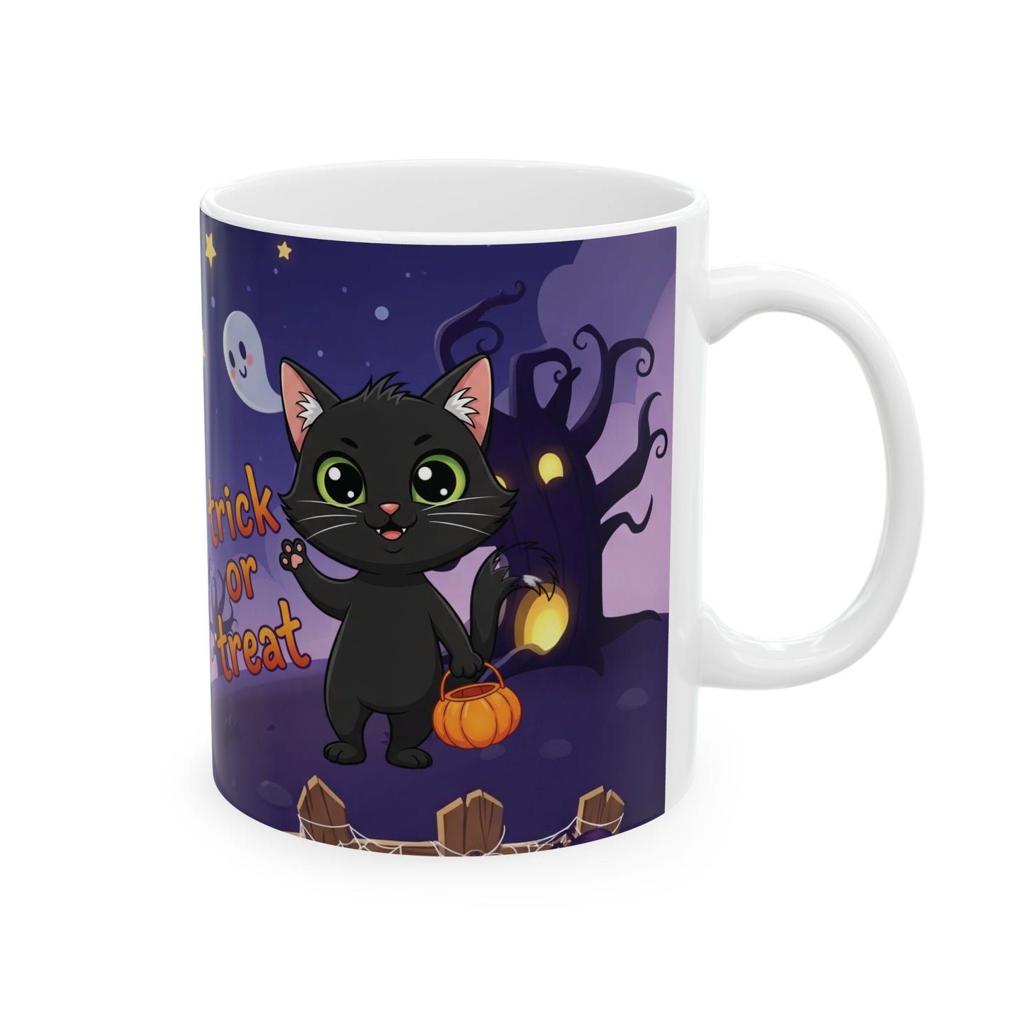 Halloween Cat Ceramic Mug, Cute Trick or Treat Design, Perfect for Fall, Cozy Vibes, Gift for Cat Lovers, Spooky Season Coffee Cup