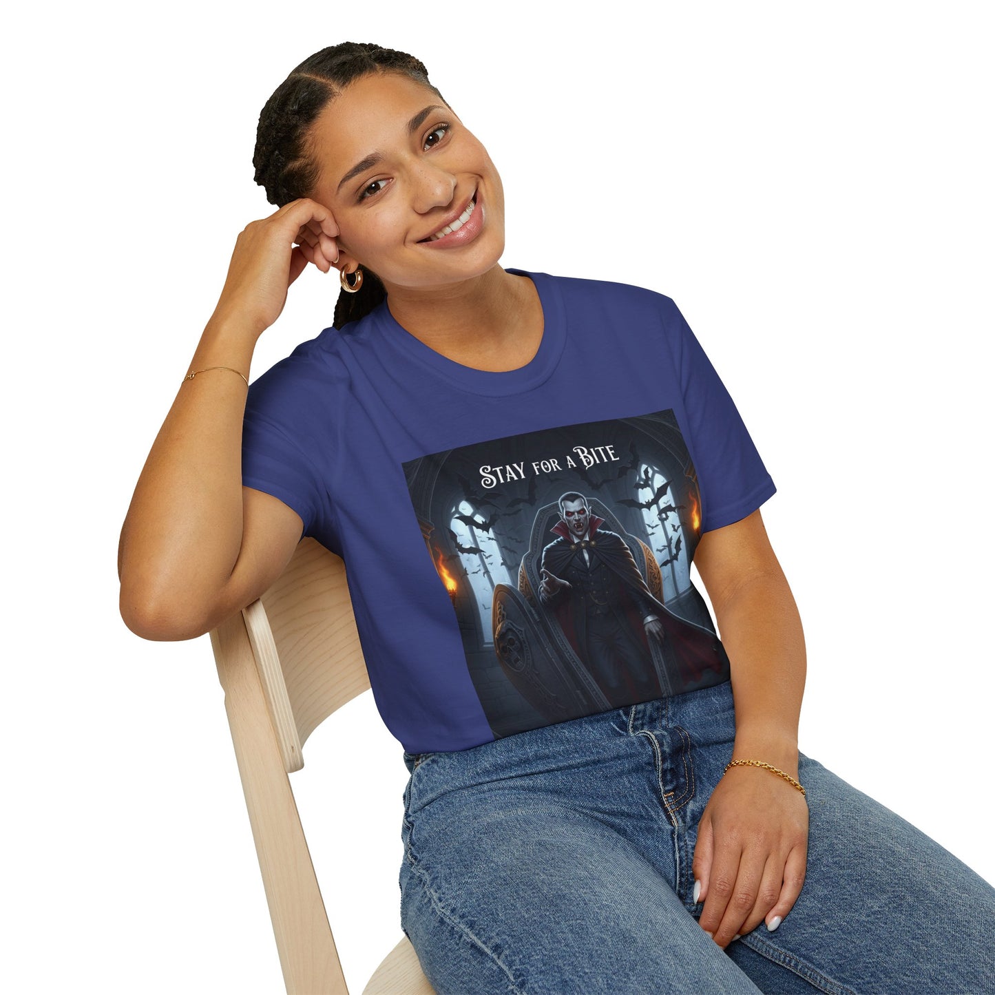 Halloween Vampire Graphic T-Shirt, Unisex Softstyle Tee for Spooky Season, Perfect for Parties, Costumes, or Gifts