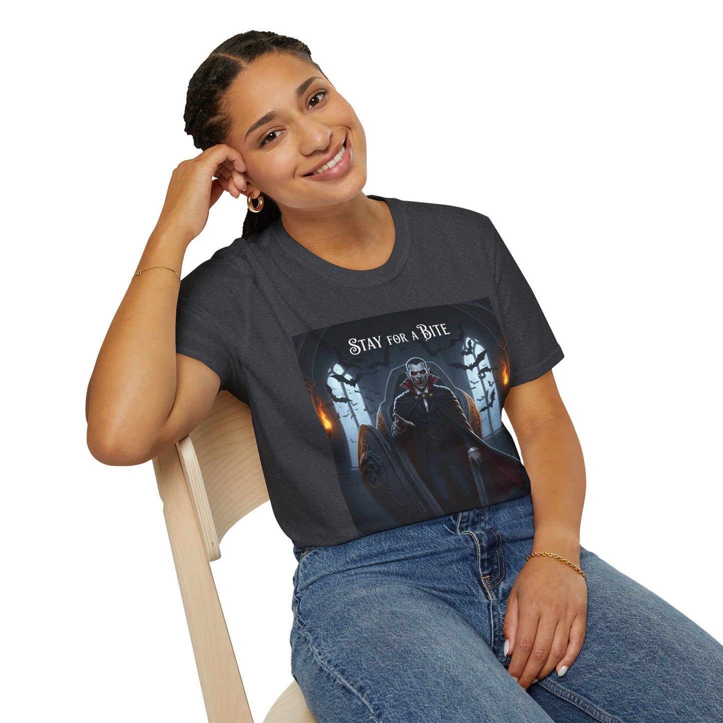 Halloween Vampire Graphic T-Shirt, Unisex Softstyle Tee for Spooky Season, Perfect for Parties, Costumes, or Gifts