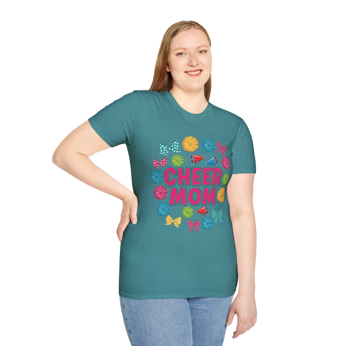 Cheer Mom Unisex Softstyle T-Shirt, Cheerleader Gift, Sportswear for Moms, Fun Vacation Tee, Birthday Gift Idea