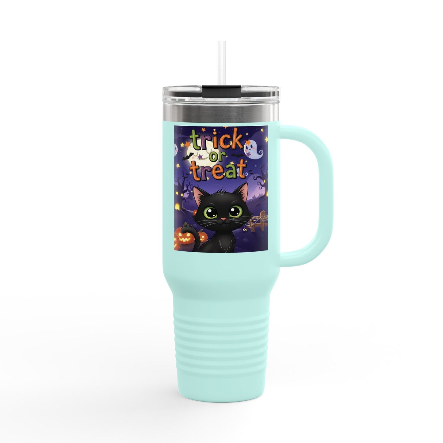 Trick or Treat Insulated Travel Mug, Halloween Drinkware, 40oz Coffee Cup, Perfect Fall Gifts, Cute Cat Design