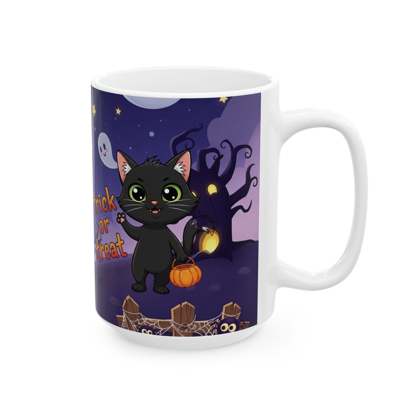 Halloween Cat Ceramic Mug, Cute Trick or Treat Design, Perfect for Fall, Cozy Vibes, Gift for Cat Lovers, Spooky Season Coffee Cup
