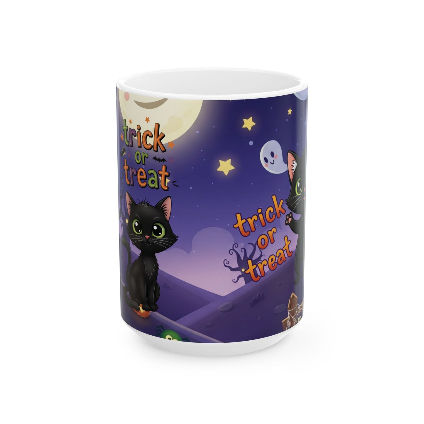 Halloween Cat Ceramic Mug, Cute Trick or Treat Design, Perfect for Fall, Cozy Vibes, Gift for Cat Lovers, Spooky Season Coffee Cup