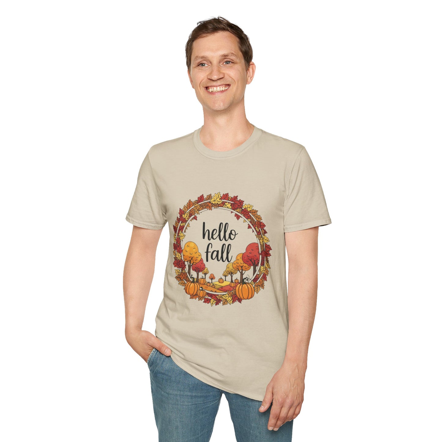 Fall-Themed Unisex Softstyle T-Shirt - 'Hello Fall', Autumn Shirt, Seasonal Tee, Cute Fall Apparel, Pumpkin Spice Fashion