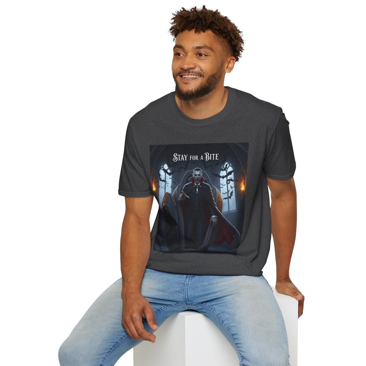 Halloween Vampire Graphic T-Shirt, Unisex Softstyle Tee for Spooky Season, Perfect for Parties, Costumes, or Gifts