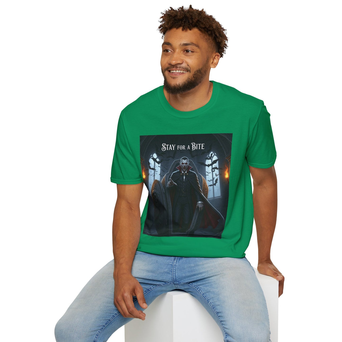 Halloween Vampire Graphic T-Shirt, Unisex Softstyle Tee for Spooky Season, Perfect for Parties, Costumes, or Gifts