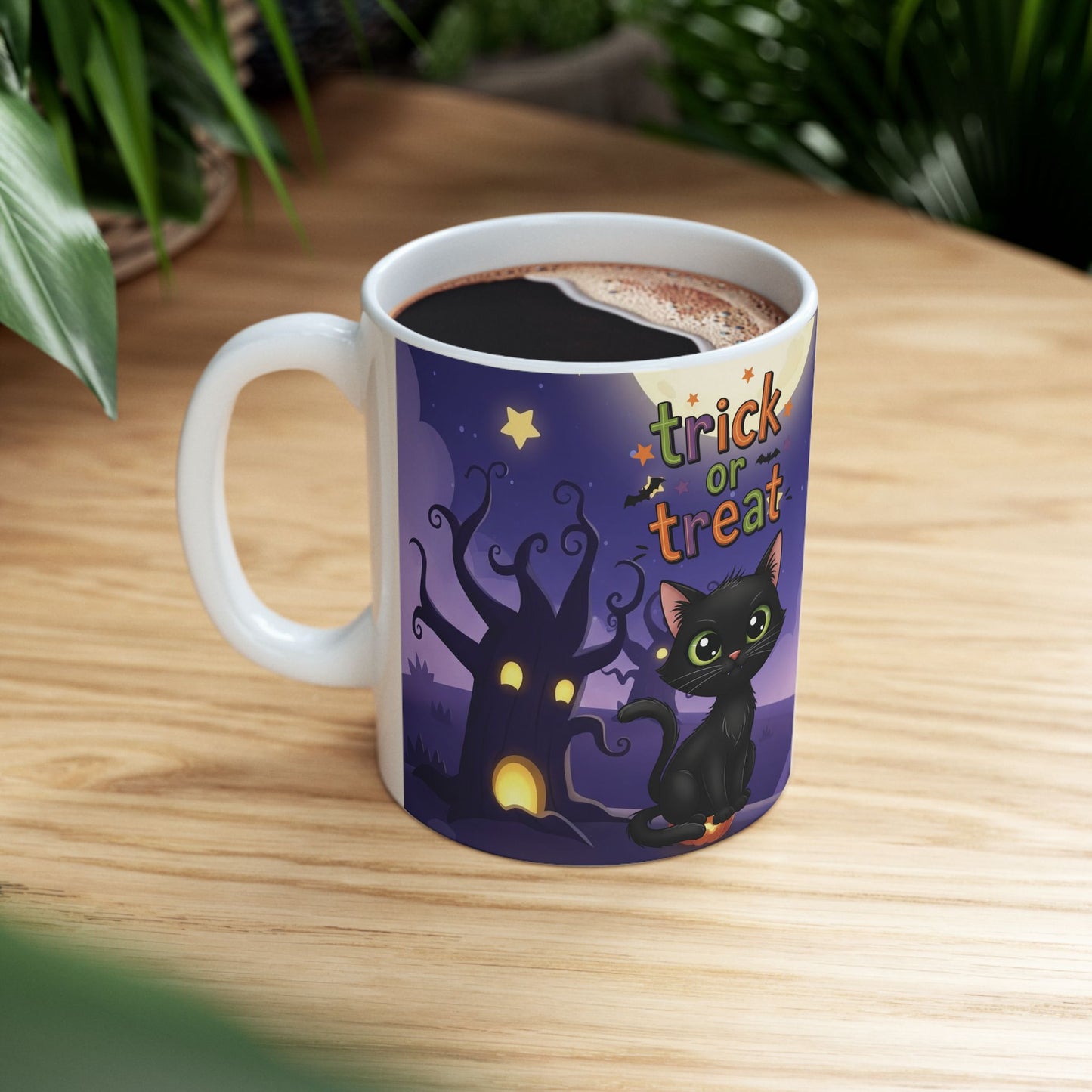Halloween Cat Ceramic Mug, Cute Trick or Treat Design, Perfect for Fall, Cozy Vibes, Gift for Cat Lovers, Spooky Season Coffee Cup