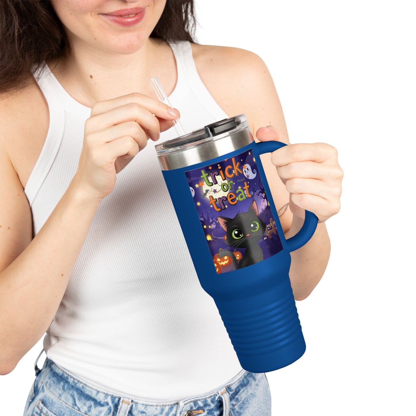 Trick or Treat Insulated Travel Mug, Halloween Drinkware, 40oz Coffee Cup, Perfect Fall Gifts, Cute Cat Design