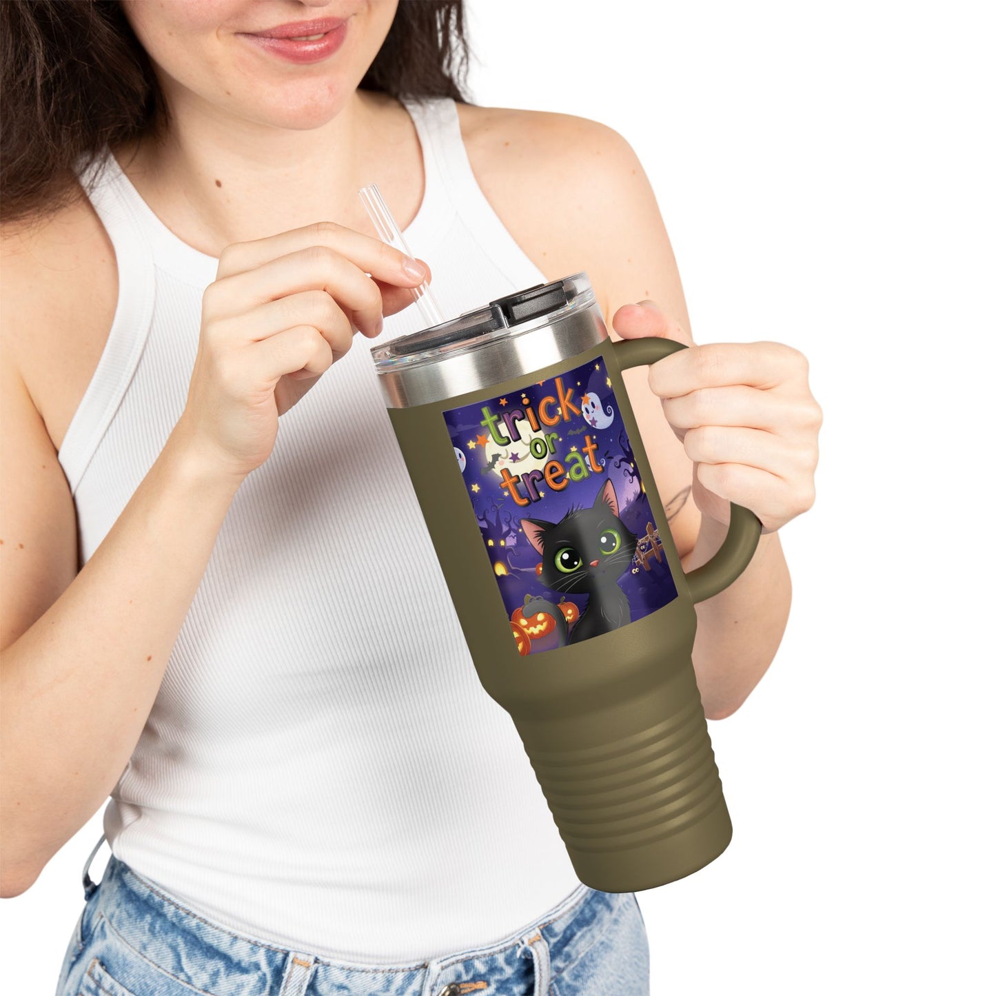 Trick or Treat Insulated Travel Mug, Halloween Drinkware, 40oz Coffee Cup, Perfect Fall Gifts, Cute Cat Design