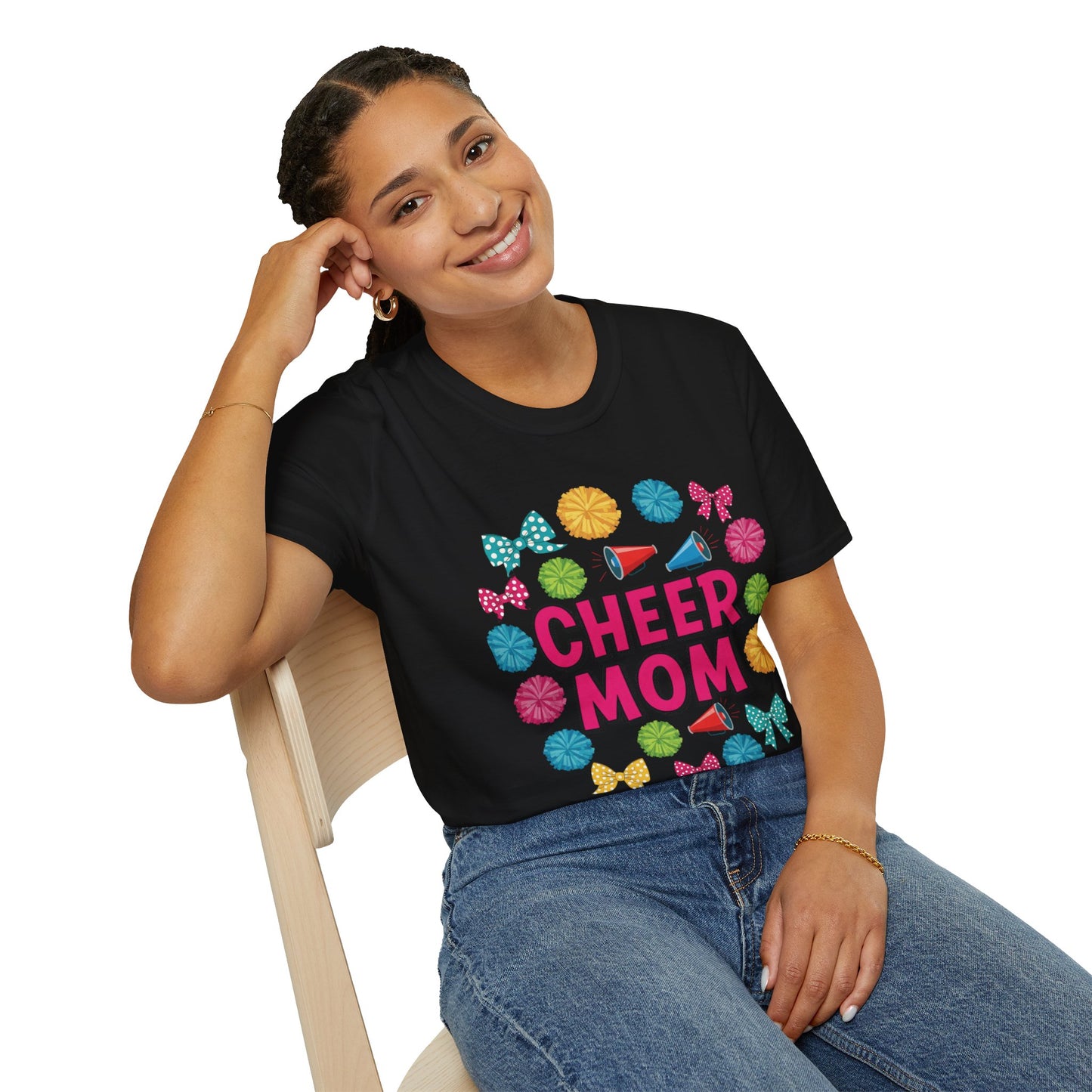 Cheer Mom Unisex Softstyle T-Shirt, Cheerleader Gift, Sportswear for Moms, Fun Vacation Tee, Birthday Gift Idea