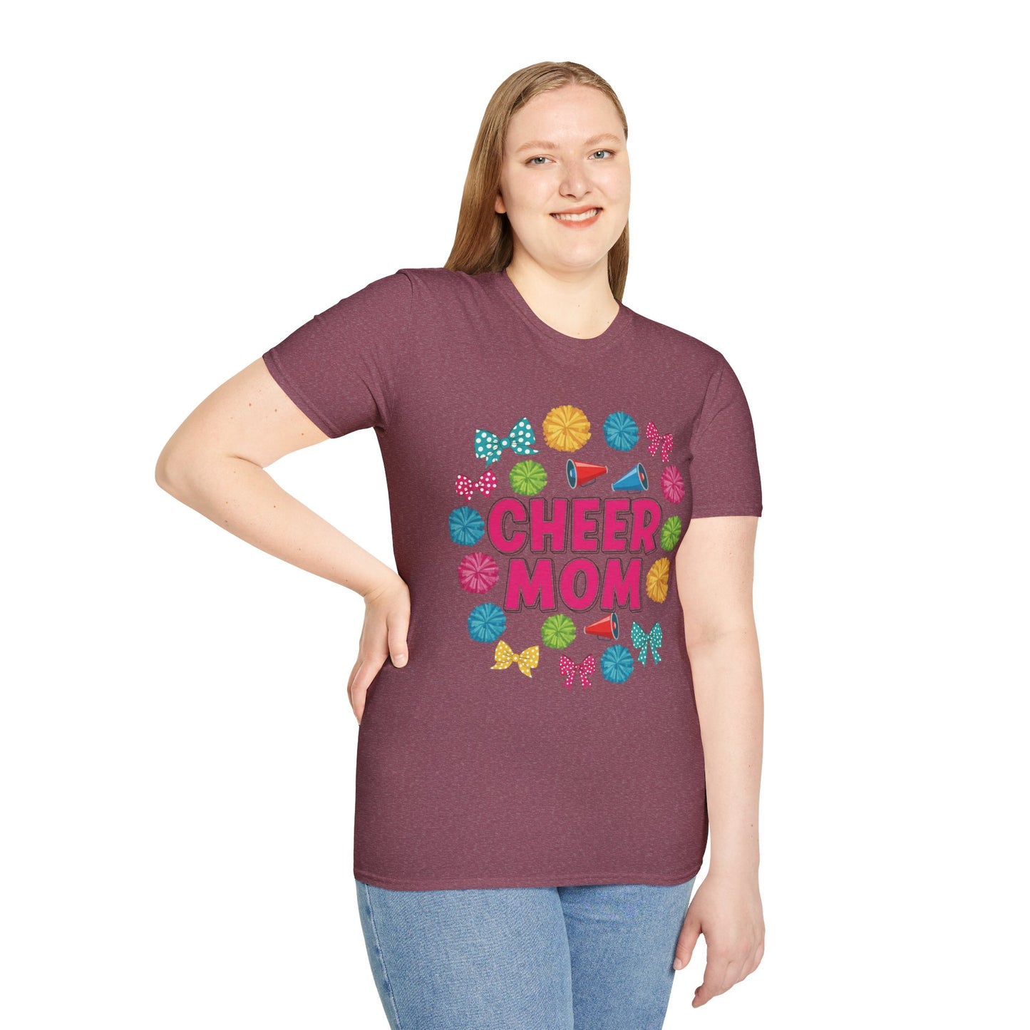 Cheer Mom Unisex Softstyle T-Shirt, Cheerleader Gift, Sportswear for Moms, Fun Vacation Tee, Birthday Gift Idea