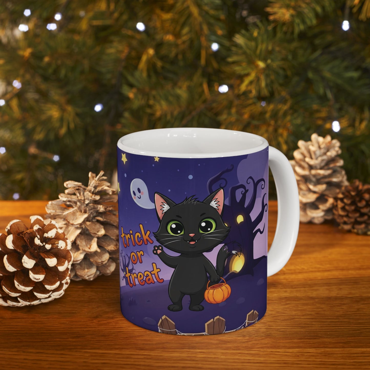 Halloween Cat Ceramic Mug, Cute Trick or Treat Design, Perfect for Fall, Cozy Vibes, Gift for Cat Lovers, Spooky Season Coffee Cup