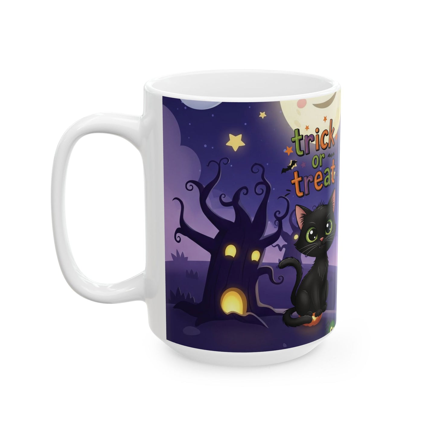 Halloween Cat Ceramic Mug, Cute Trick or Treat Design, Perfect for Fall, Cozy Vibes, Gift for Cat Lovers, Spooky Season Coffee Cup