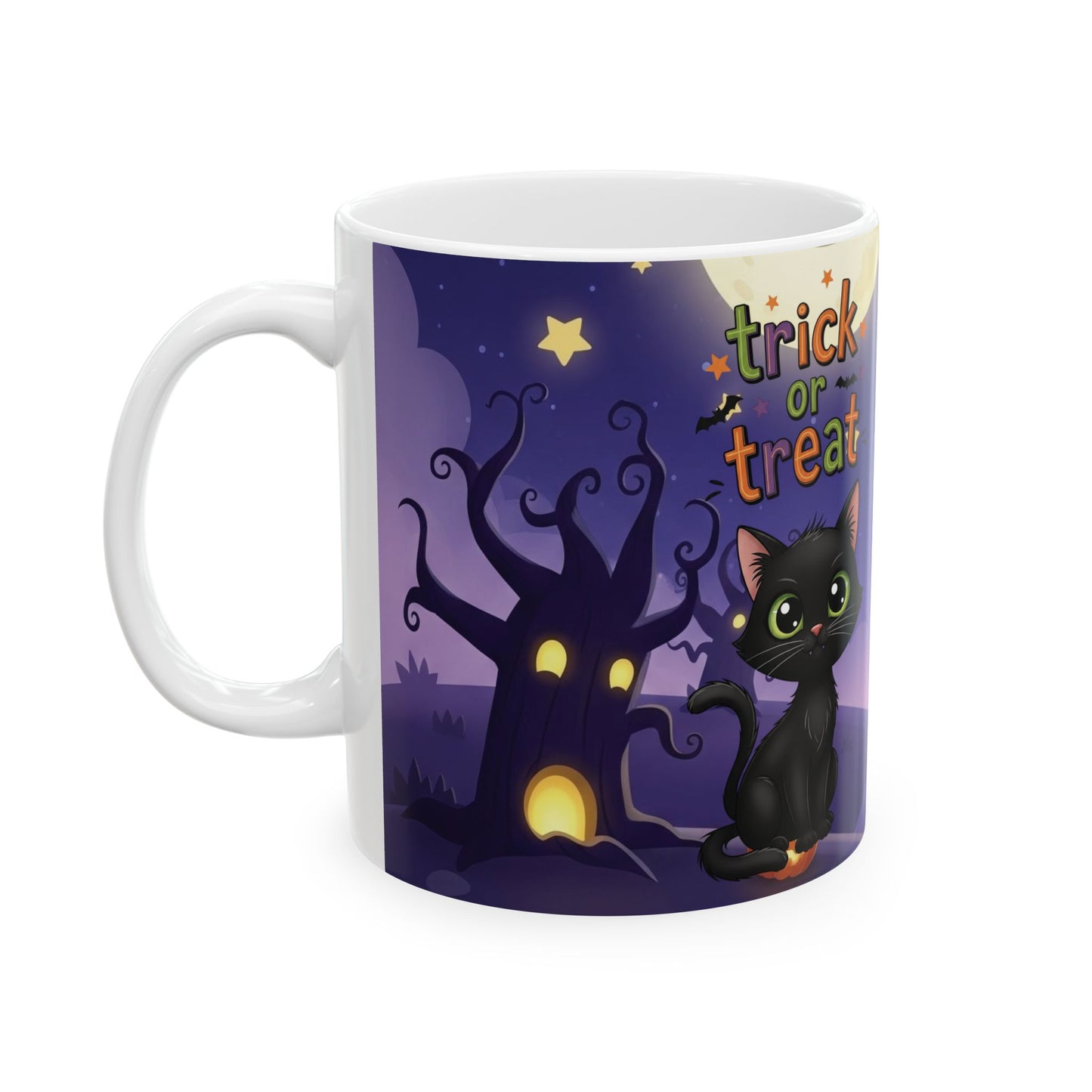 Halloween Cat Ceramic Mug, Cute Trick or Treat Design, Perfect for Fall, Cozy Vibes, Gift for Cat Lovers, Spooky Season Coffee Cup