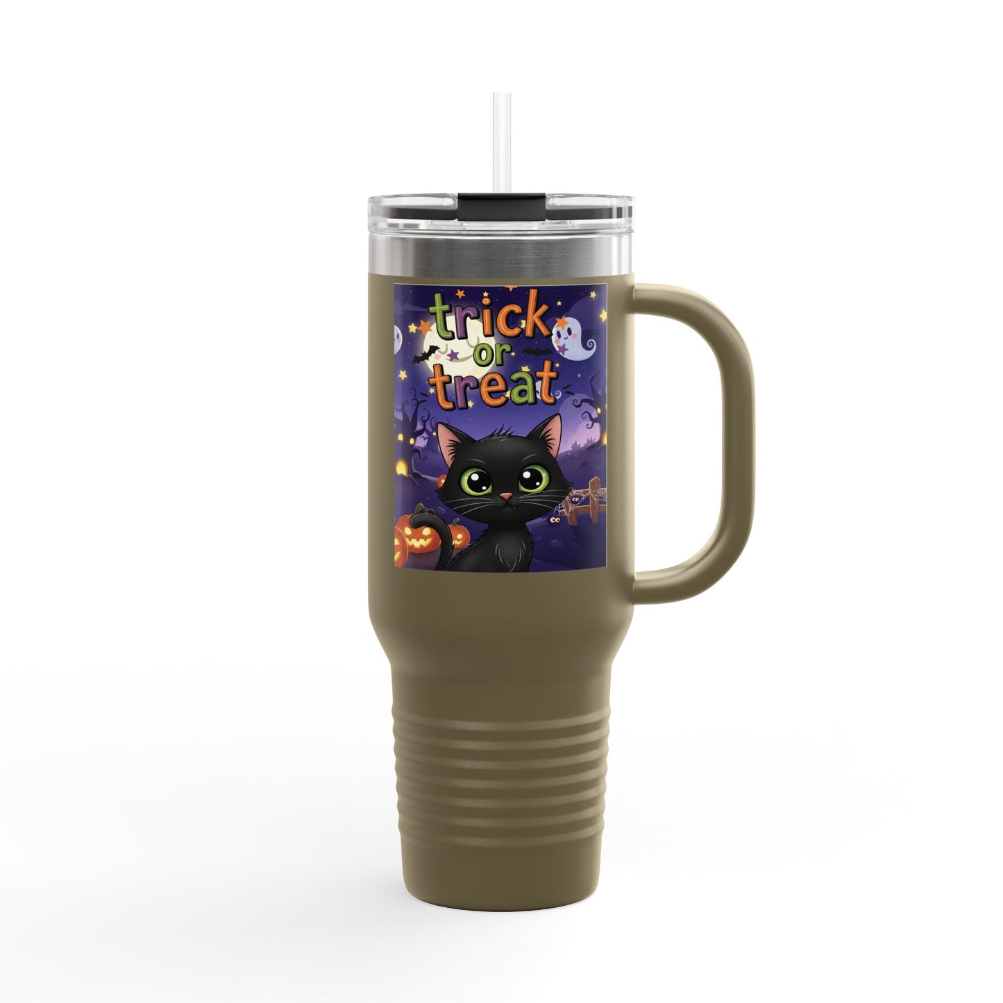 Trick or Treat Insulated Travel Mug, Halloween Drinkware, 40oz Coffee Cup, Perfect Fall Gifts, Cute Cat Design