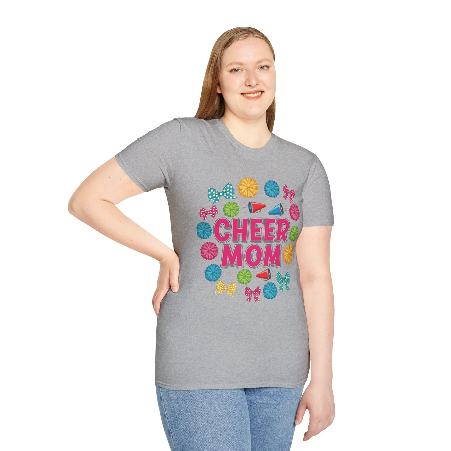 Cheer Mom Unisex Softstyle T-Shirt, Cheerleader Gift, Sportswear for Moms, Fun Vacation Tee, Birthday Gift Idea