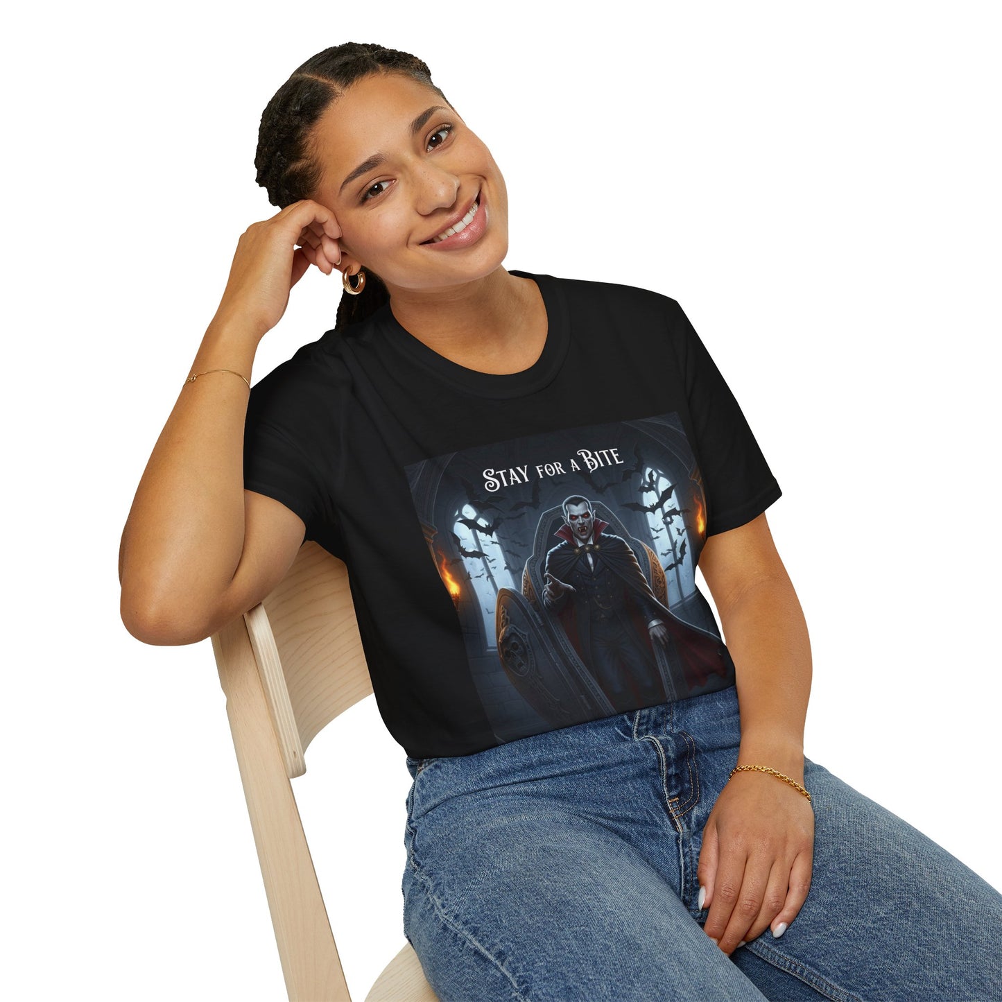 Halloween Vampire Graphic T-Shirt, Unisex Softstyle Tee for Spooky Season, Perfect for Parties, Costumes, or Gifts