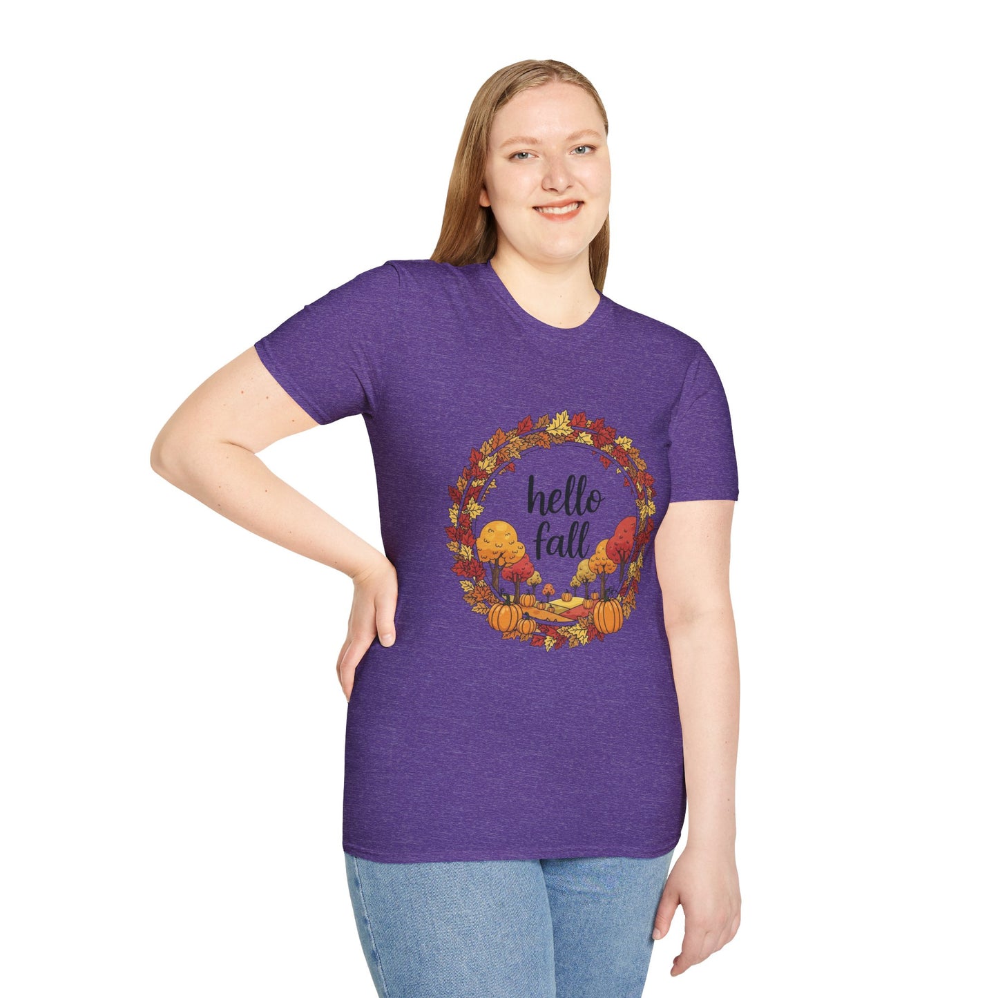 Fall-Themed Unisex Softstyle T-Shirt - 'Hello Fall', Autumn Shirt, Seasonal Tee, Cute Fall Apparel, Pumpkin Spice Fashion