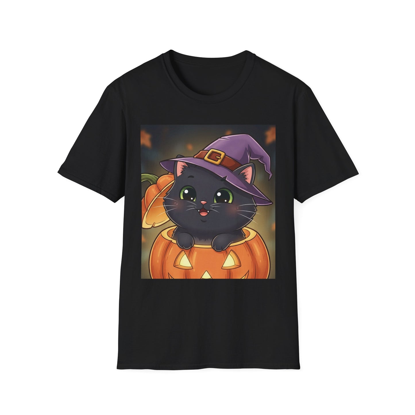 Halloween Cat Softstyle T-Shirt, Unisex Tee, Spooky Graphic Tee, Cute Cat T-Shirt, Fall Fashion, Gift for Cat Lovers