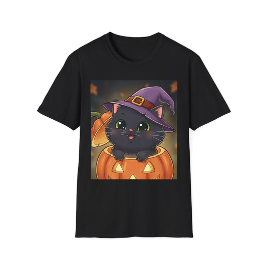 Halloween Cat Softstyle T-Shirt, Unisex Tee, Spooky Graphic Tee, Cute Cat T-Shirt, Fall Fashion, Gift for Cat Lovers