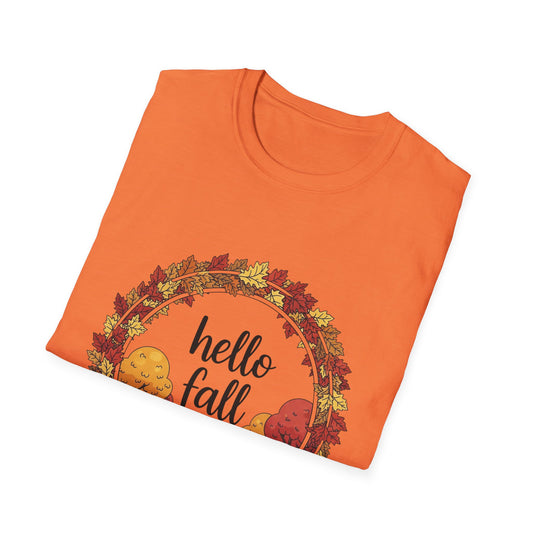 Fall-Themed Unisex Softstyle T-Shirt - 'Hello Fall', Autumn Shirt, Seasonal Tee, Cute Fall Apparel, Pumpkin Spice Fashion
