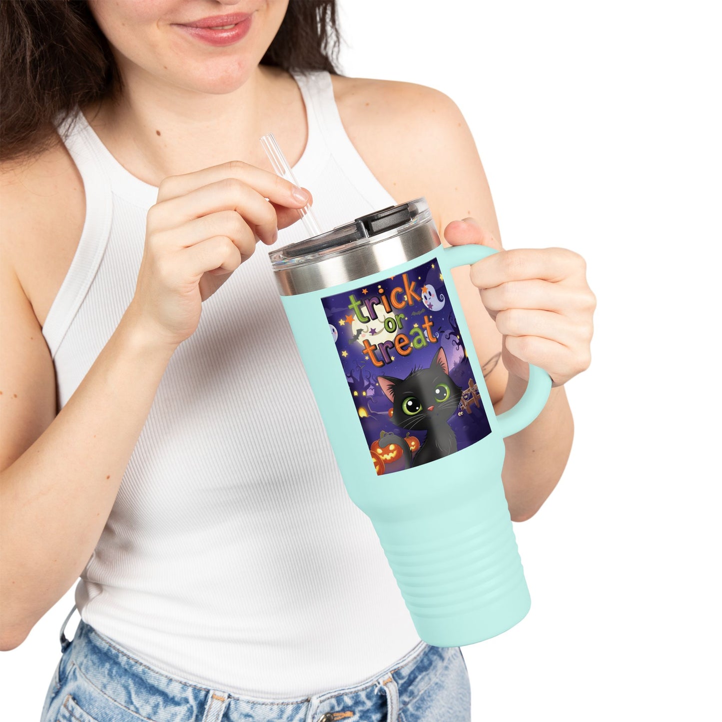 Trick or Treat Insulated Travel Mug, Halloween Drinkware, 40oz Coffee Cup, Perfect Fall Gifts, Cute Cat Design