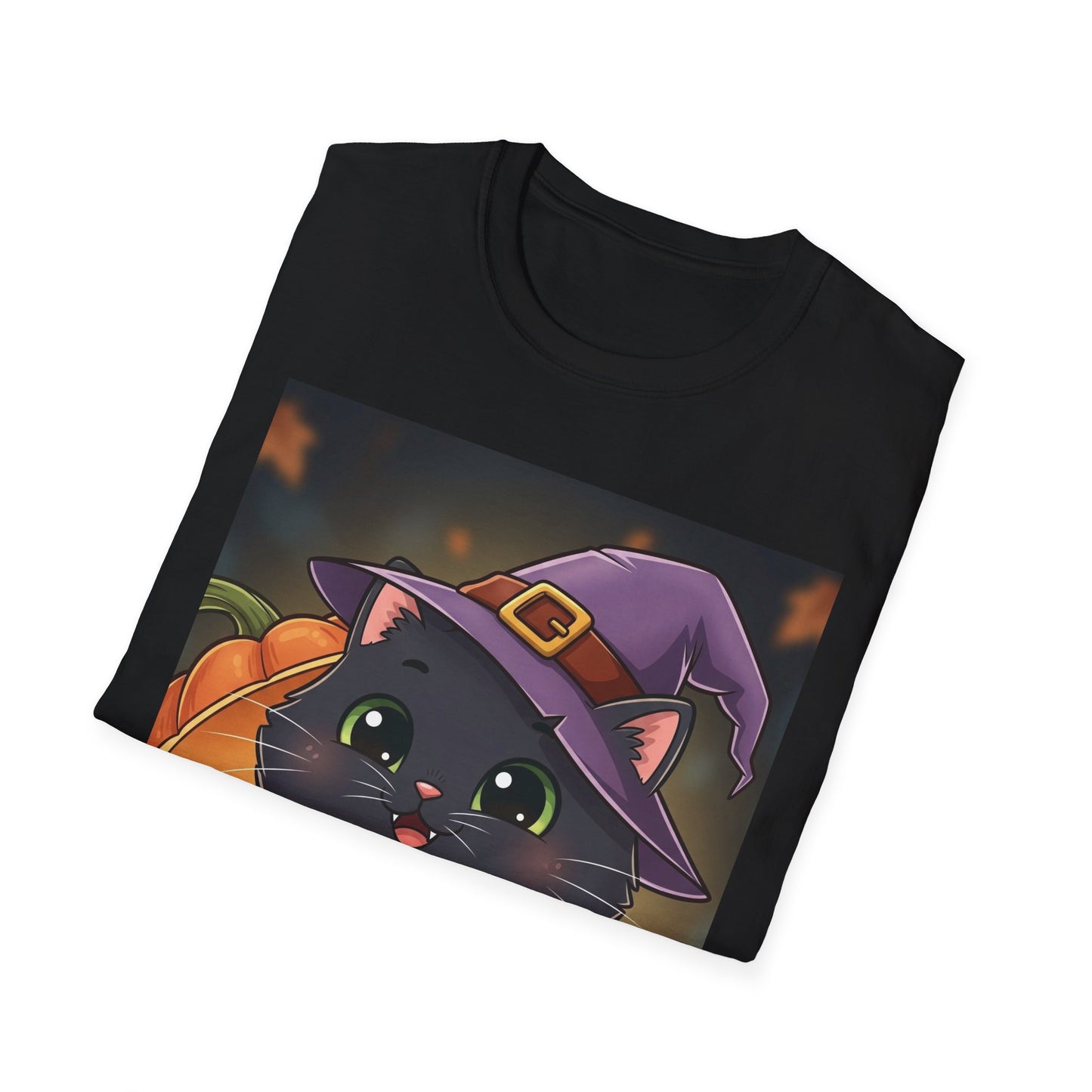 Halloween Cat Softstyle T-Shirt, Unisex Tee, Spooky Graphic Tee, Cute Cat T-Shirt, Fall Fashion, Gift for Cat Lovers