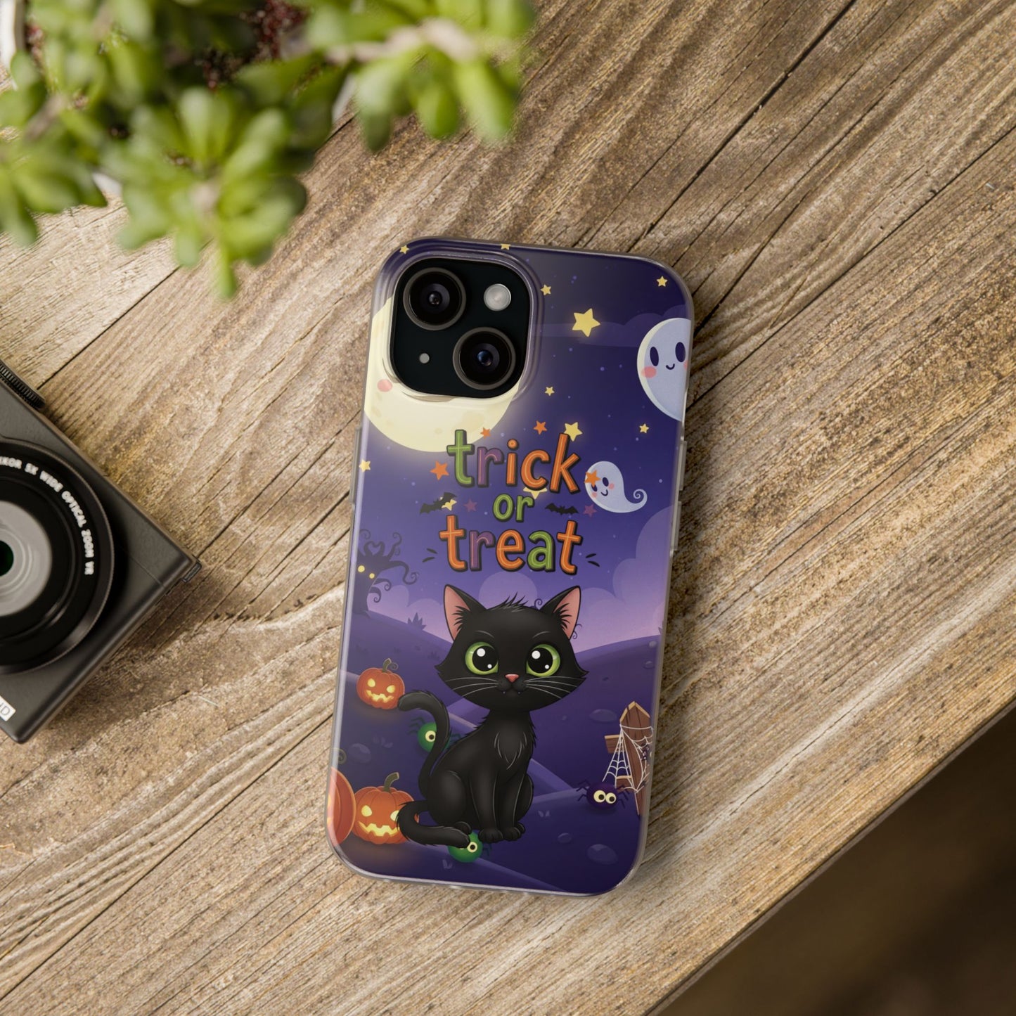 Halloween Cat Flexi Case | Trick or Treat Phone Cover, Cute Cat Case, Spooky Phone Accessory, Fall Aesthetic, Unique Gift Idea