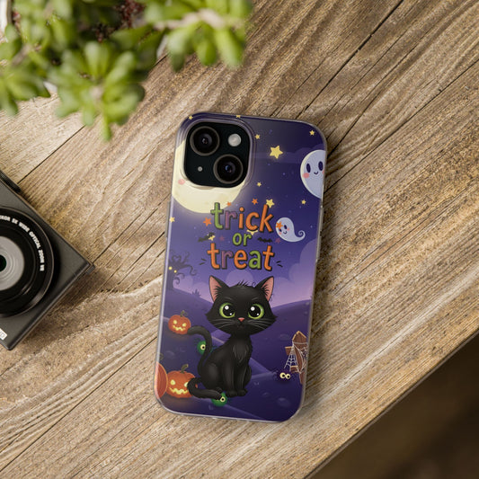 Halloween Cat Flexi Case | Trick or Treat Phone Cover, Cute Cat Case, Spooky Phone Accessory, Fall Aesthetic, Unique Gift Idea