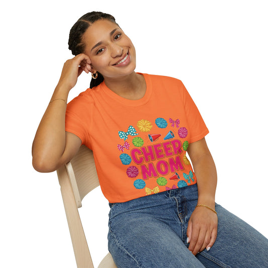 Cheer Mom Unisex Softstyle T-Shirt, Cheerleader Gift, Sportswear for Moms, Fun Vacation Tee, Birthday Gift Idea