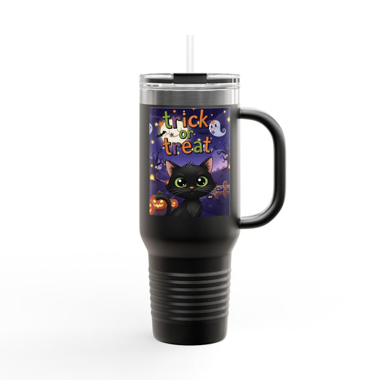 Trick or Treat Insulated Travel Mug, Halloween Drinkware, 40oz Coffee Cup, Perfect Fall Gifts, Cute Cat Design