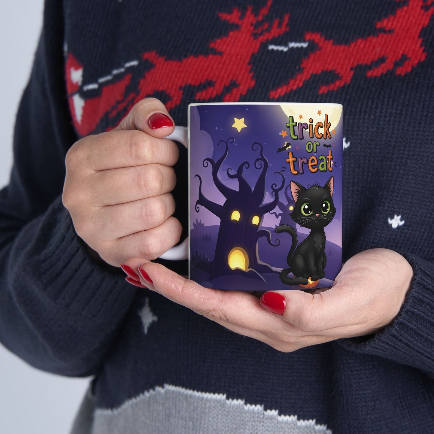 Halloween Cat Ceramic Mug, Cute Trick or Treat Design, Perfect for Fall, Cozy Vibes, Gift for Cat Lovers, Spooky Season Coffee Cup