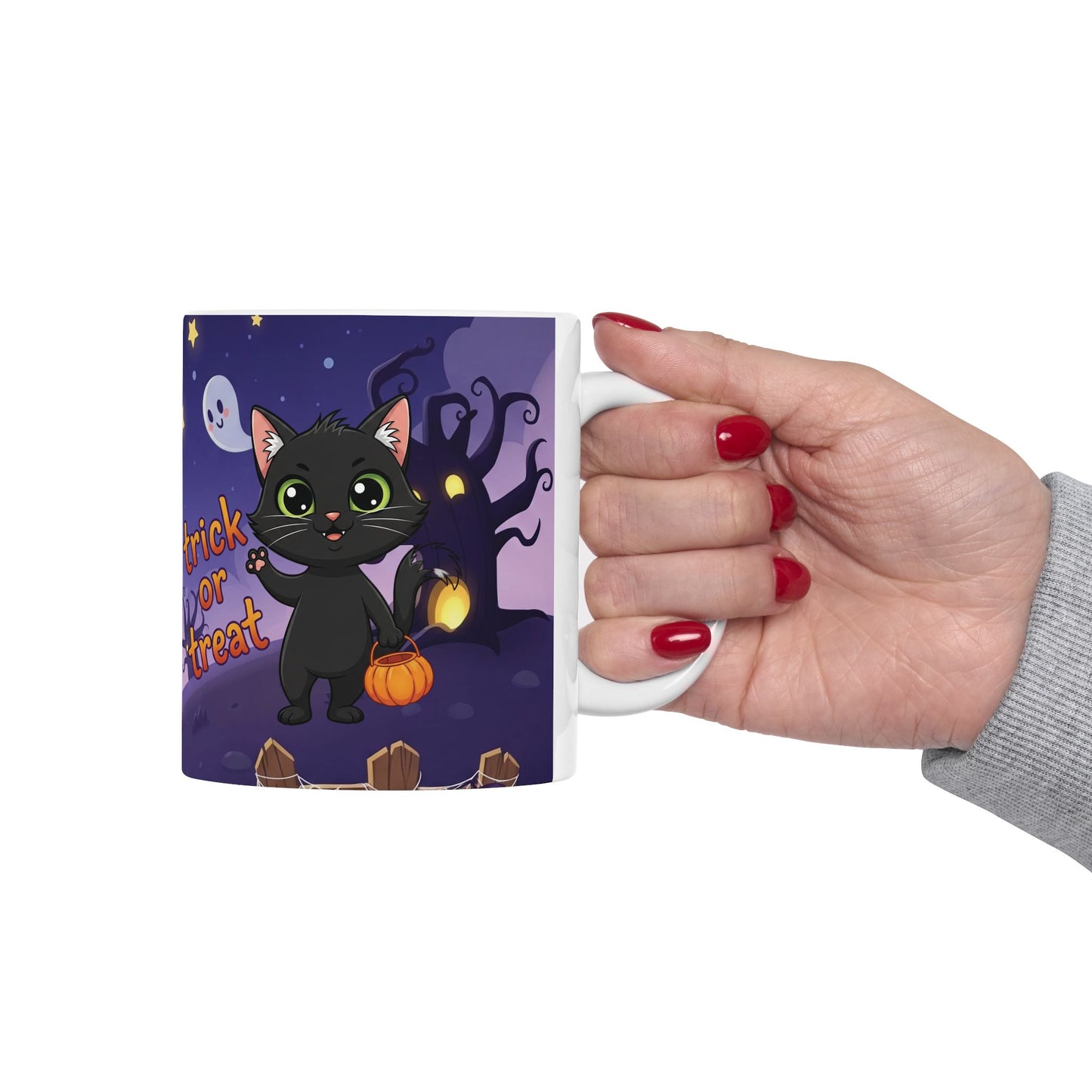 Halloween Cat Ceramic Mug, Cute Trick or Treat Design, Perfect for Fall, Cozy Vibes, Gift for Cat Lovers, Spooky Season Coffee Cup