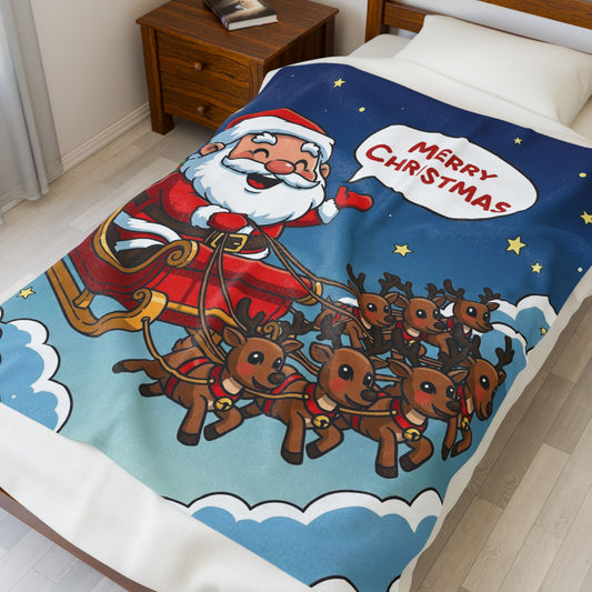 Santa's Sleigh Plush Blanket, Cozy Christmas Throw, Holiday Decor, Gift for Kids, Soft Blanket for Winter