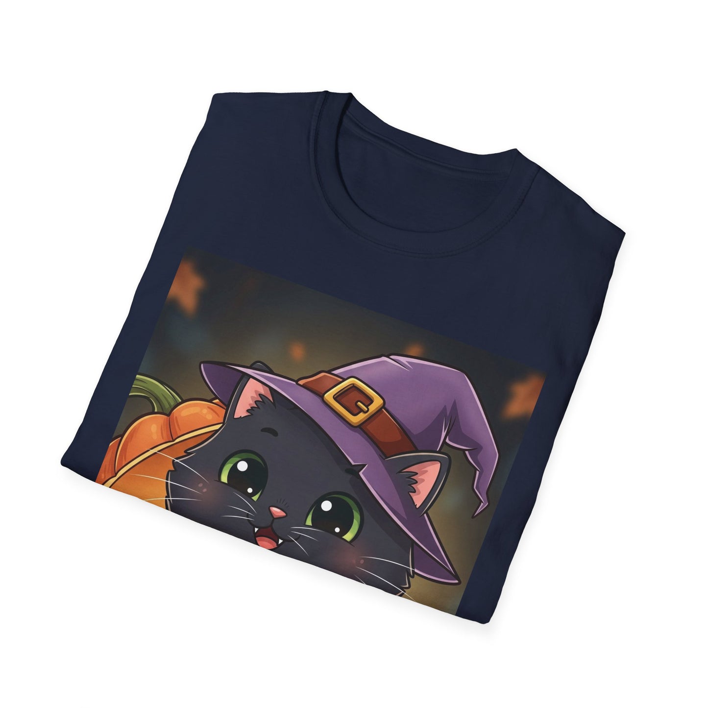 Halloween Cat Softstyle T-Shirt, Unisex Tee, Spooky Graphic Tee, Cute Cat T-Shirt, Fall Fashion, Gift for Cat Lovers