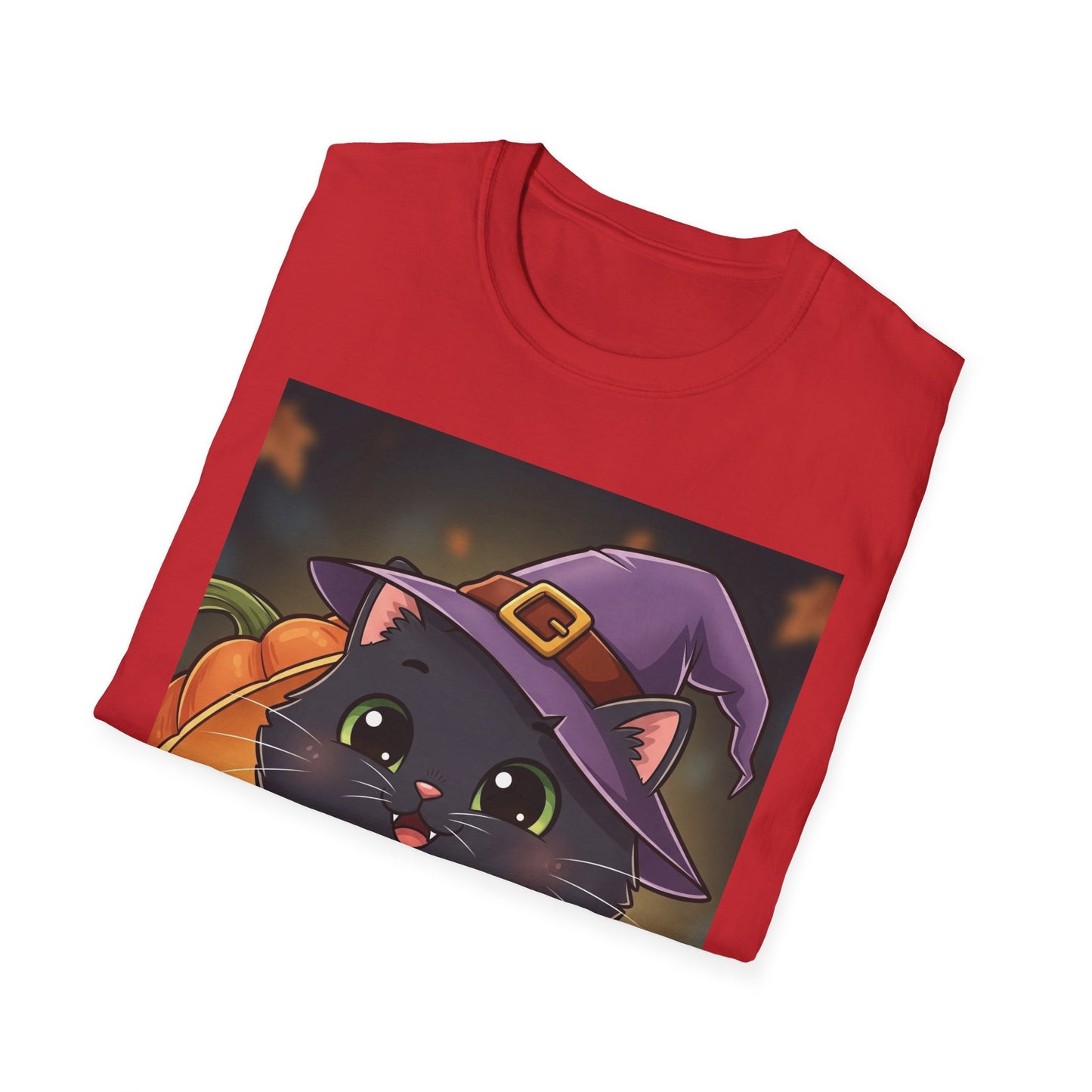 Halloween Cat Softstyle T-Shirt, Unisex Tee, Spooky Graphic Tee, Cute Cat T-Shirt, Fall Fashion, Gift for Cat Lovers