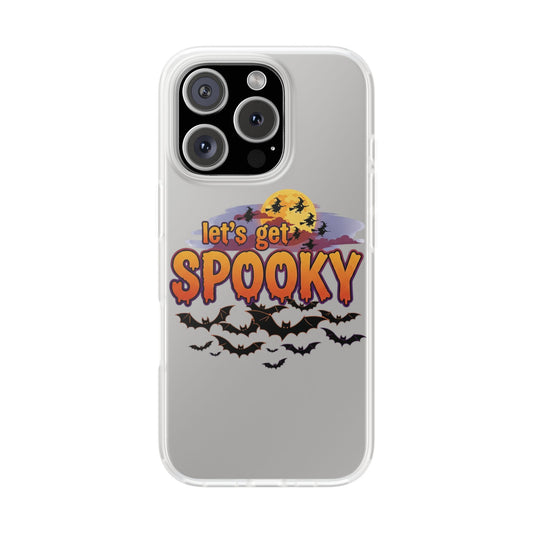 Flexible Halloween phone case with playful bats and bold "Let’s Get Spooky" design in autumn colors — view 2