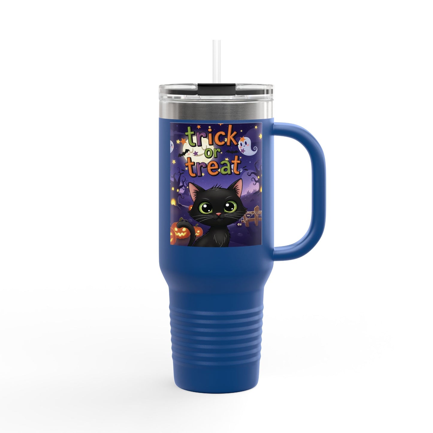 Trick or Treat Insulated Travel Mug, Halloween Drinkware, 40oz Coffee Cup, Perfect Fall Gifts, Cute Cat Design