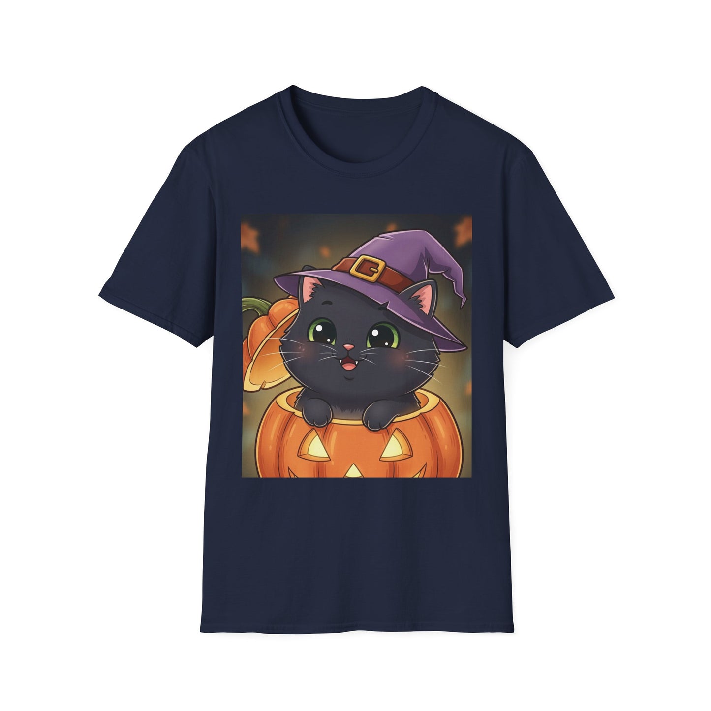 Halloween Cat Softstyle T-Shirt, Unisex Tee, Spooky Graphic Tee, Cute Cat T-Shirt, Fall Fashion, Gift for Cat Lovers