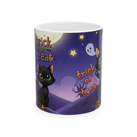 Halloween Cat Ceramic Mug, Cute Trick or Treat Design, Perfect for Fall, Cozy Vibes, Gift for Cat Lovers, Spooky Season Coffee Cup