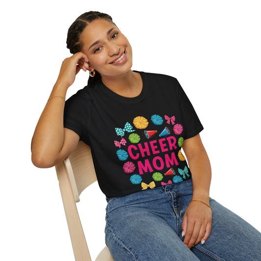 Cheer Mom Unisex Softstyle T-Shirt, Cheerleader Gift, Sportswear for Moms, Fun Vacation Tee, Birthday Gift Idea