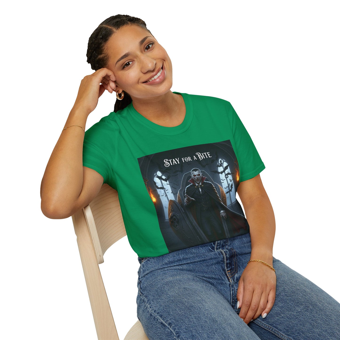 Halloween Vampire Graphic T-Shirt, Unisex Softstyle Tee for Spooky Season, Perfect for Parties, Costumes, or Gifts