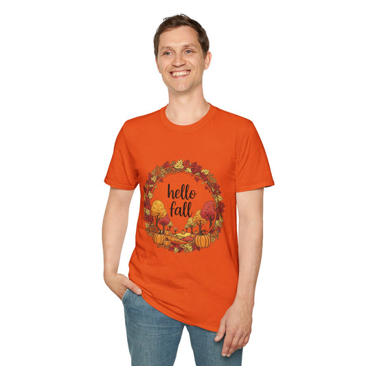 Fall-Themed Unisex Softstyle T-Shirt - 'Hello Fall', Autumn Shirt, Seasonal Tee, Cute Fall Apparel, Pumpkin Spice Fashion