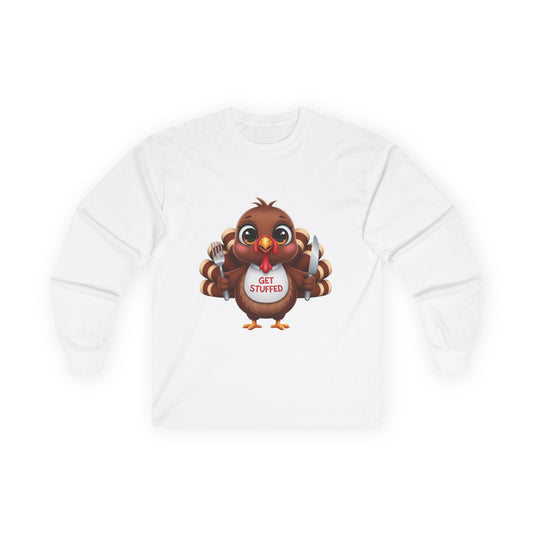 Unisex long sleeve tee with a funny "Get Stuffed" turkey Thanksgiving graphic — view 2