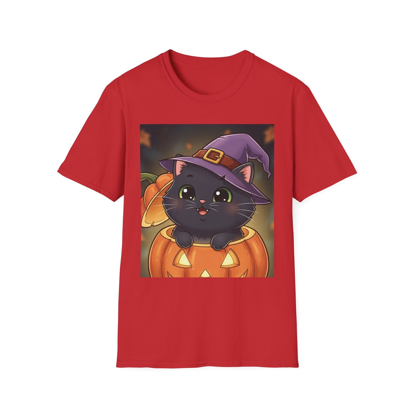 Halloween Cat Softstyle T-Shirt, Unisex Tee, Spooky Graphic Tee, Cute Cat T-Shirt, Fall Fashion, Gift for Cat Lovers
