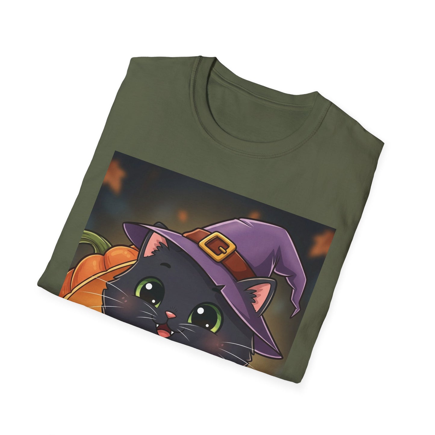 Halloween Cat Softstyle T-Shirt, Unisex Tee, Spooky Graphic Tee, Cute Cat T-Shirt, Fall Fashion, Gift for Cat Lovers