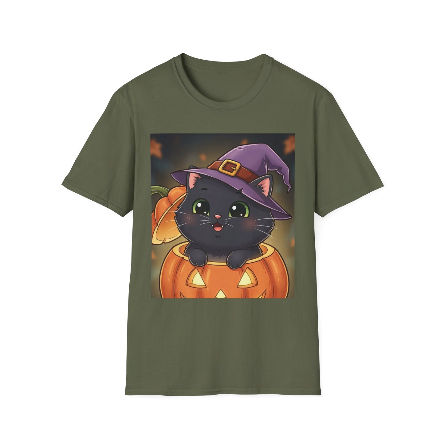 Halloween Cat Softstyle T-Shirt, Unisex Tee, Spooky Graphic Tee, Cute Cat T-Shirt, Fall Fashion, Gift for Cat Lovers