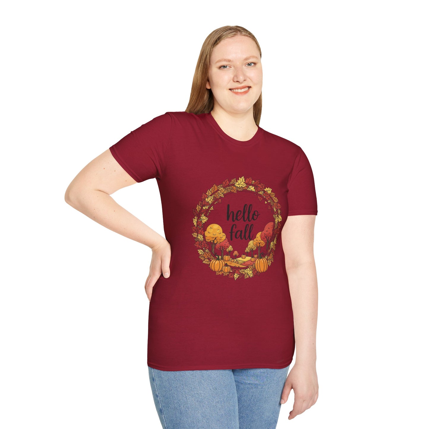 Fall-Themed Unisex Softstyle T-Shirt - 'Hello Fall', Autumn Shirt, Seasonal Tee, Cute Fall Apparel, Pumpkin Spice Fashion