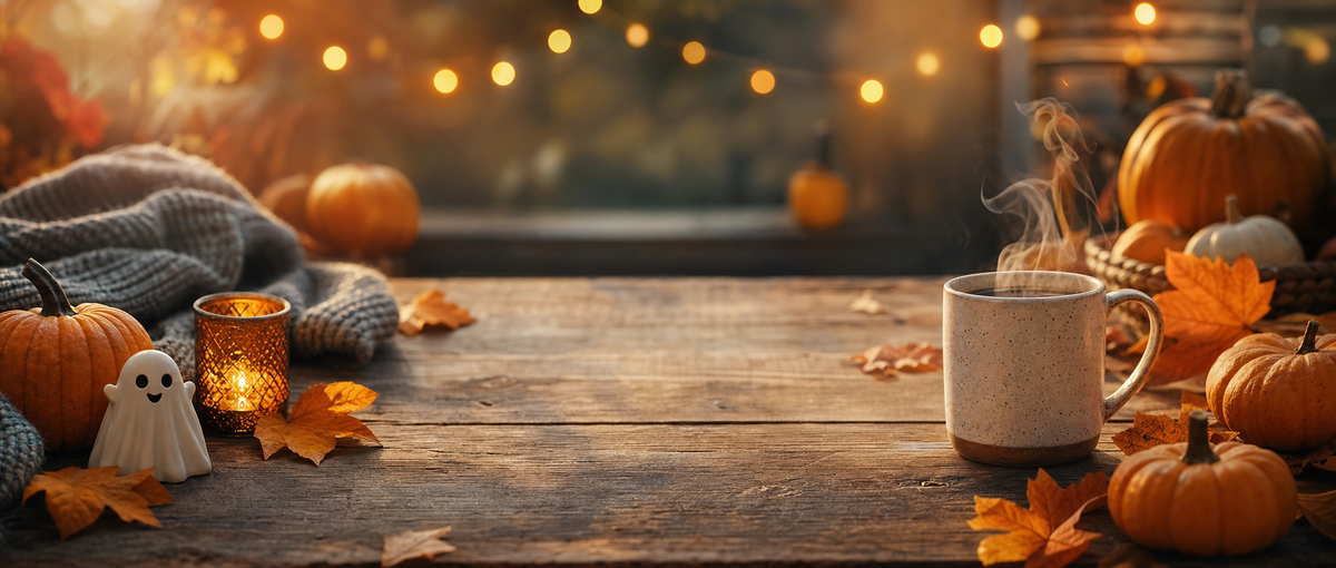 Cozy autumn table with pumpkins, fall leaves, a steaming mug, and a cute ghost figurine